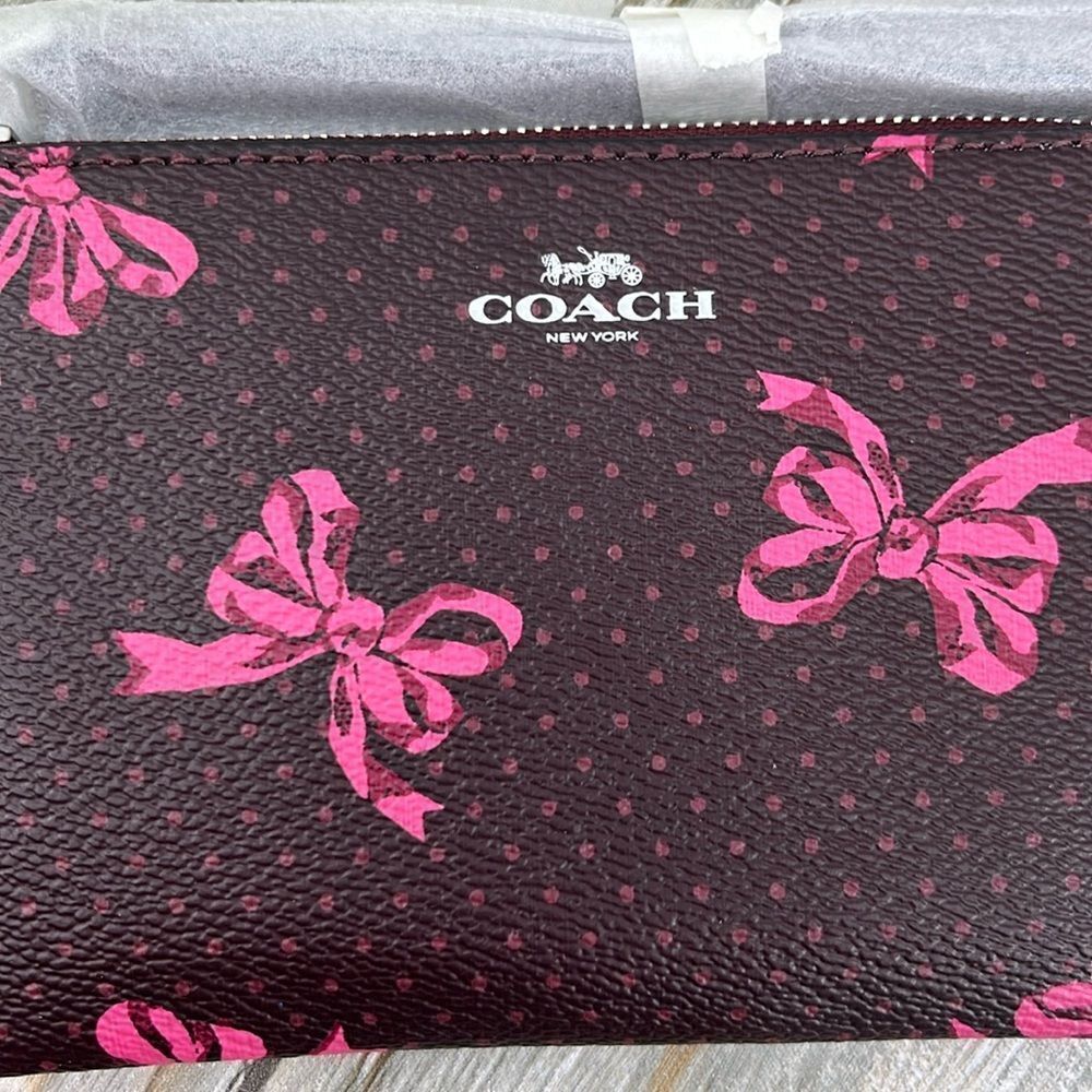 Coach Corner Zip Wristlet In Signature Canvas With Bow Print Bag Wallet Purse - Picture 3 of 7